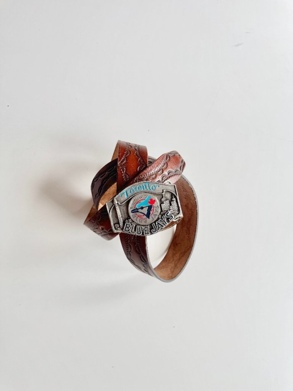 Vintage 1988 Siskiyou TORONTO BLUE JAYS Buckle Embossed Leather Belt, Size 40